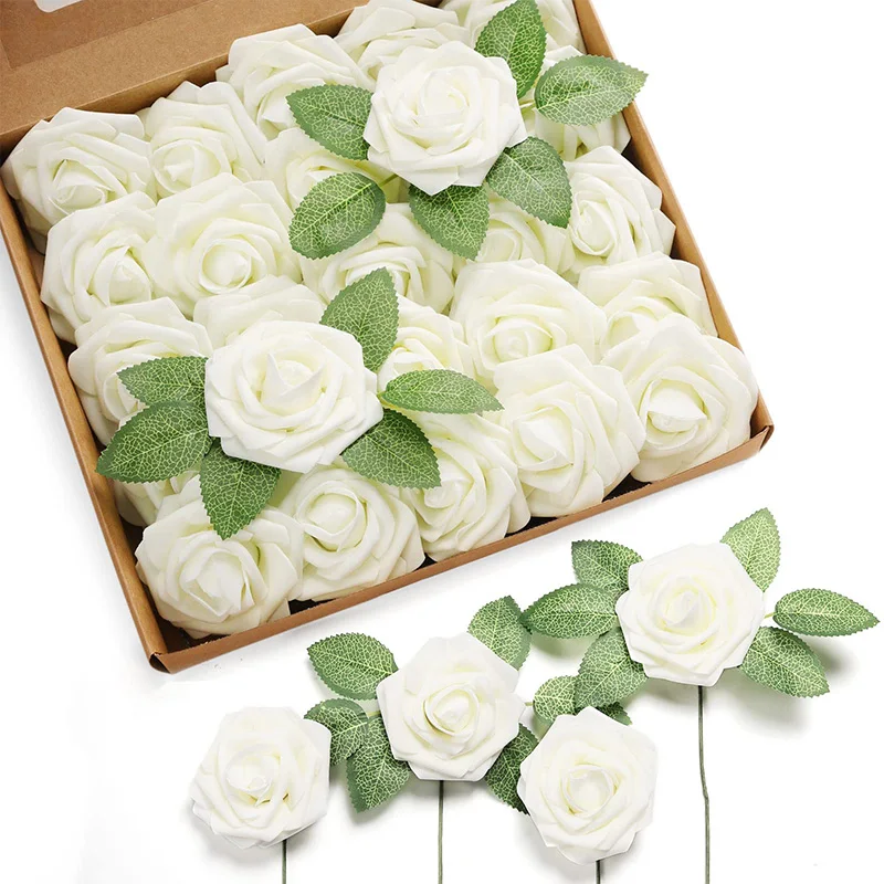 25pcs Artificial Flowers PE Foam Roses W/stem for DIY Wedding Bouquets Centerpieces Christmas Party Arrangement Home Decoration