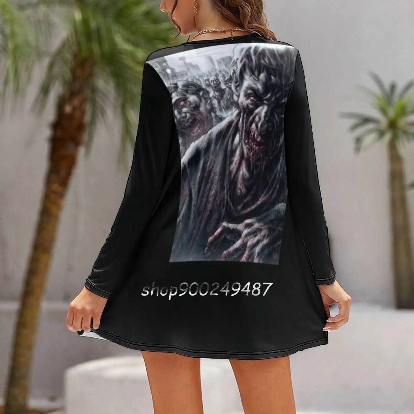 Zombie Horde Slim Dress With Hollow Waist Autumn Winter Sexy V Neck Long Sleeve Dresses Zombies Creepy Horror Undead Zombie