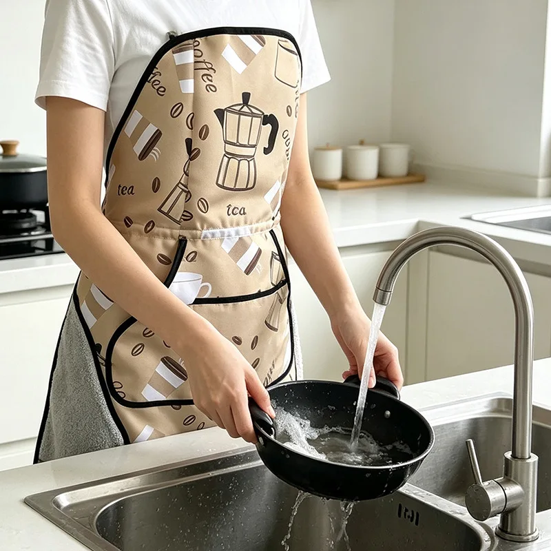 Waterproof Oil-Proof No Tie Kitchen Apron Sleeveless Cooking Apron with Side Hand Wiping Towel Printed Household Cleaning Apron