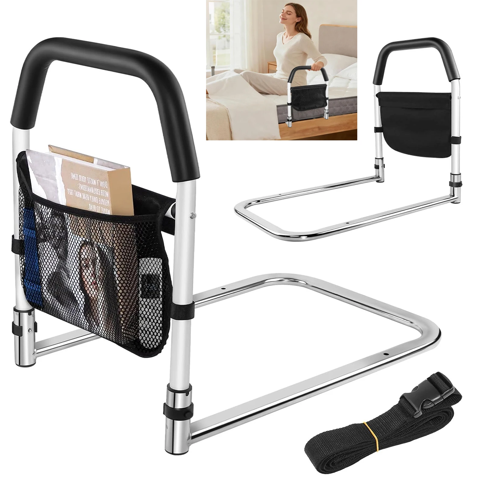 Barrière de Lit contre les Chutes – Poignée de Sécurité avec Poche, Antidérapant et Confortable, Rampe pour Personnes Âgées, Femmes Enceintes, Mobilité Réduite – Stable et Solide, Montage Facile, Noir