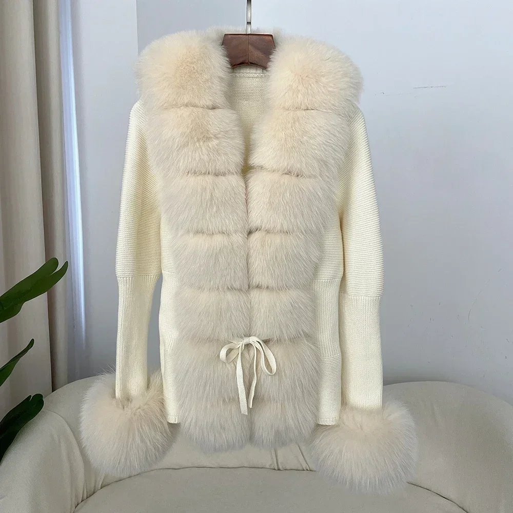 New Autumn-winter Women\'s Fur Coat Bandage Fur Cardigan Detachable Collar Jacket Fur Coat Luxury Patchwork Knitted Sweater