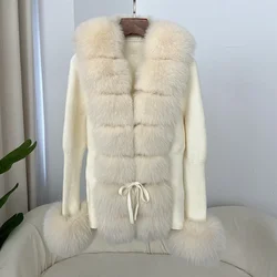 New Autumn-winter Women's Fur Coat Bandage Fur Cardigan Detachable Collar Jacket Fur Coat Luxury Patchwork Knitted Sweater