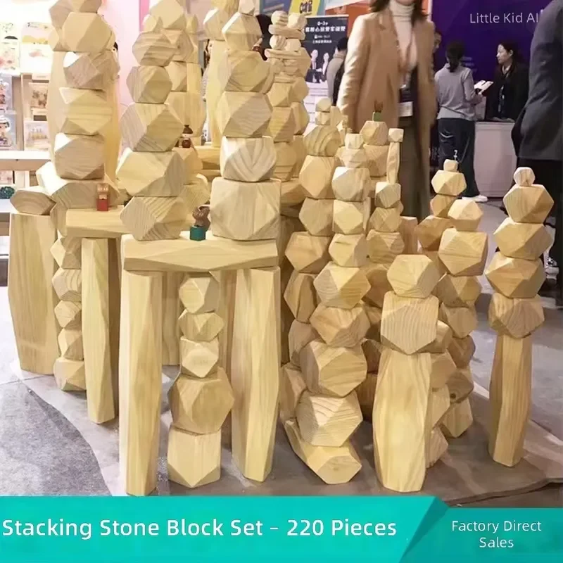 Wooden 220 Piece Large Stacking Stones Building Blocks Balance Game Kindergarten Educational Toy Construction Set