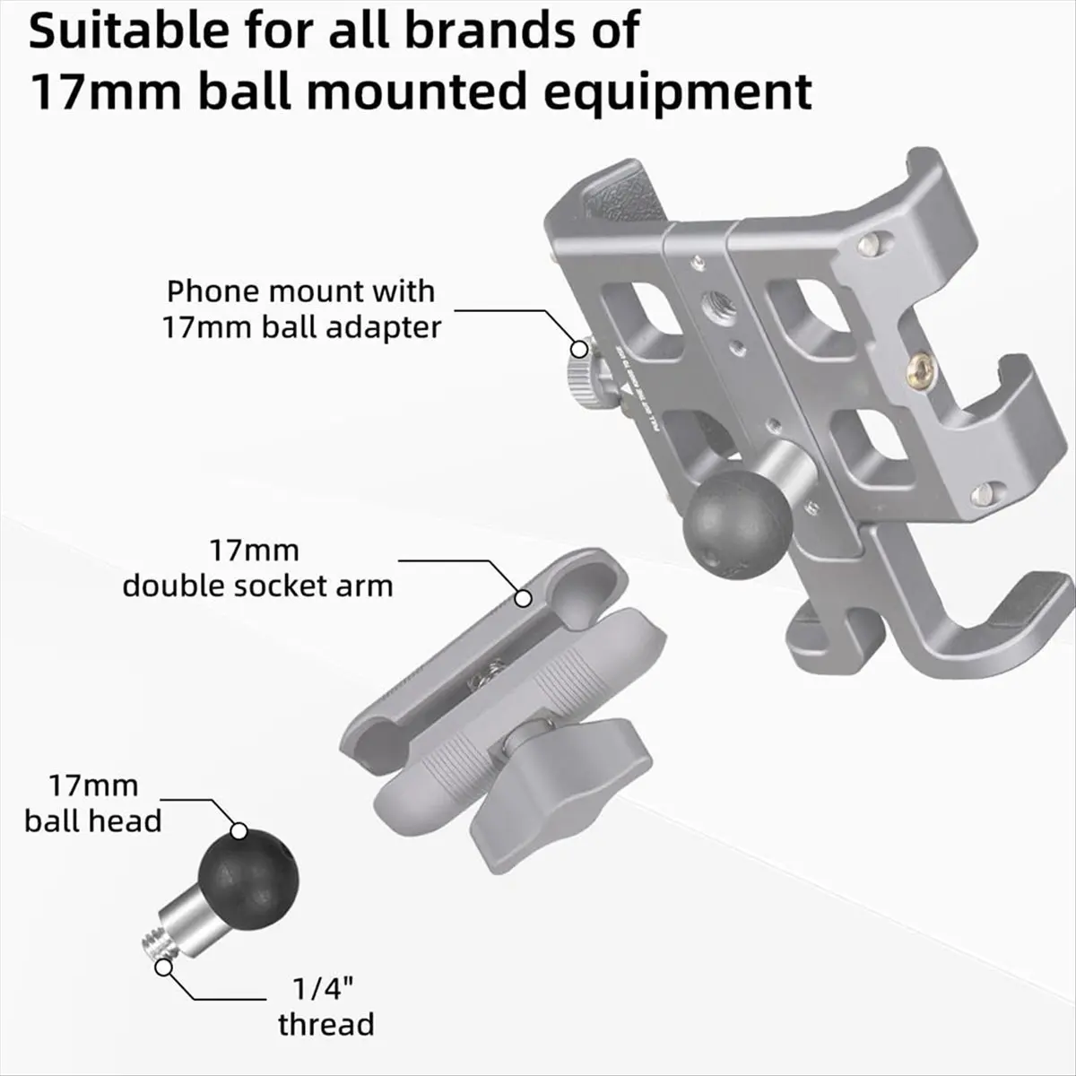 AA80 Aluminum 17mm Ball Head Adapter with 1/4 Inch Thread, 17mm Socket Arm, TPU Ball for Bike Motorcycle Phone Holder