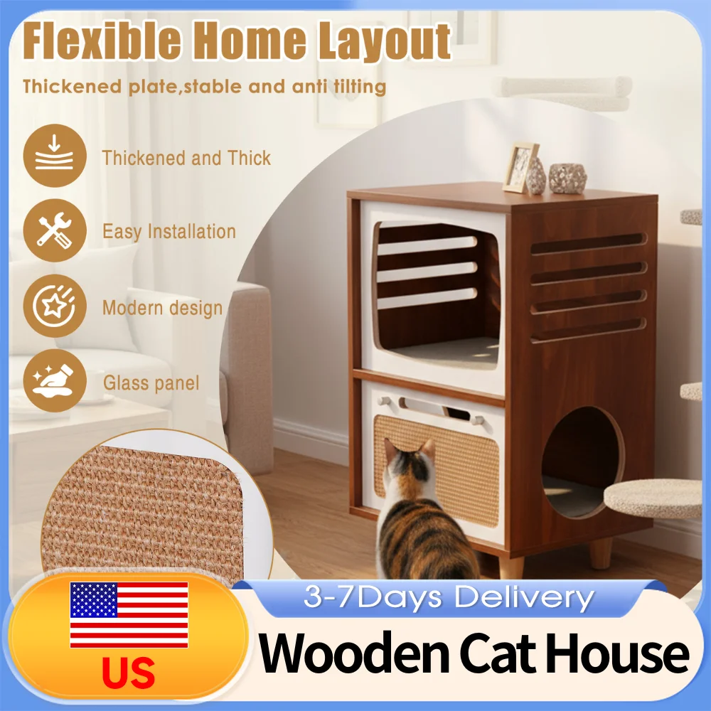 Retro TV Style Wooden Cat House with Scratching Board 2 In 1 2 Tier Cat Activity Center Wood Bedside Table Furniture Gift for Pe