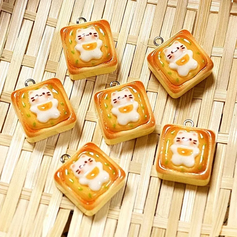 10Pcs Cute Cat Shaped Thick Cheese Bread Resin Charms Mini Kitten Cake Pendants DIY Craft Supplies For Earrings Keychains Jewelr