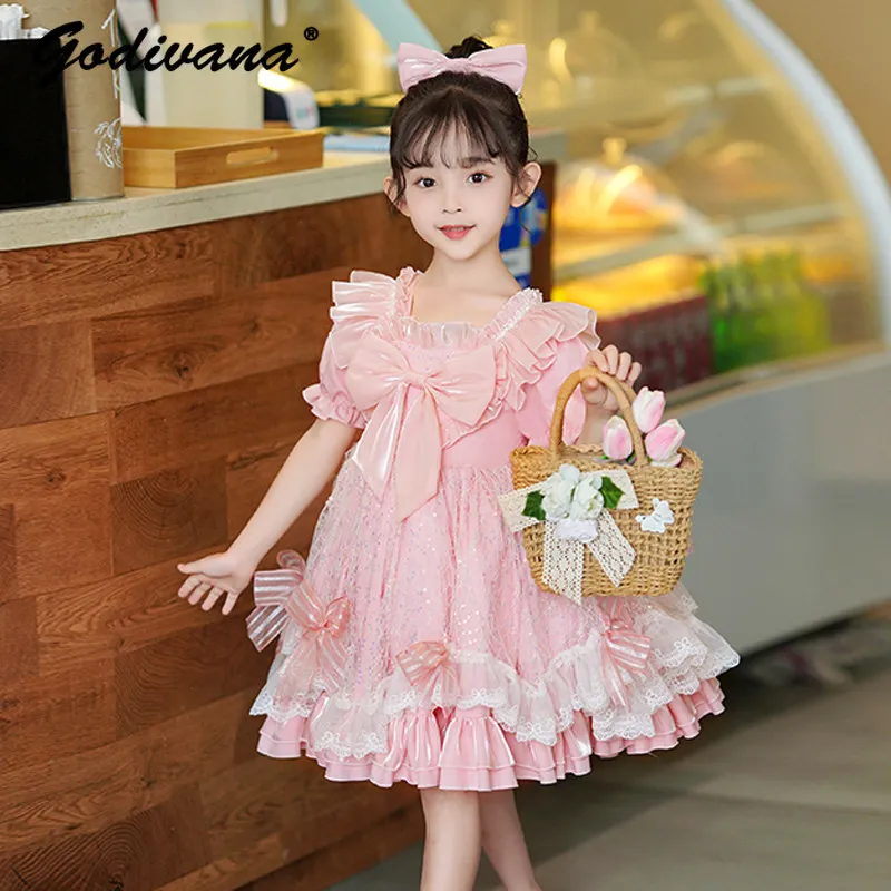 Baby Girls High End Luxury Lolita Princess Dress Kids Summer New Fashion Sequin Bow Ruffle Trim Puff Sleeve Birthday Party Gown