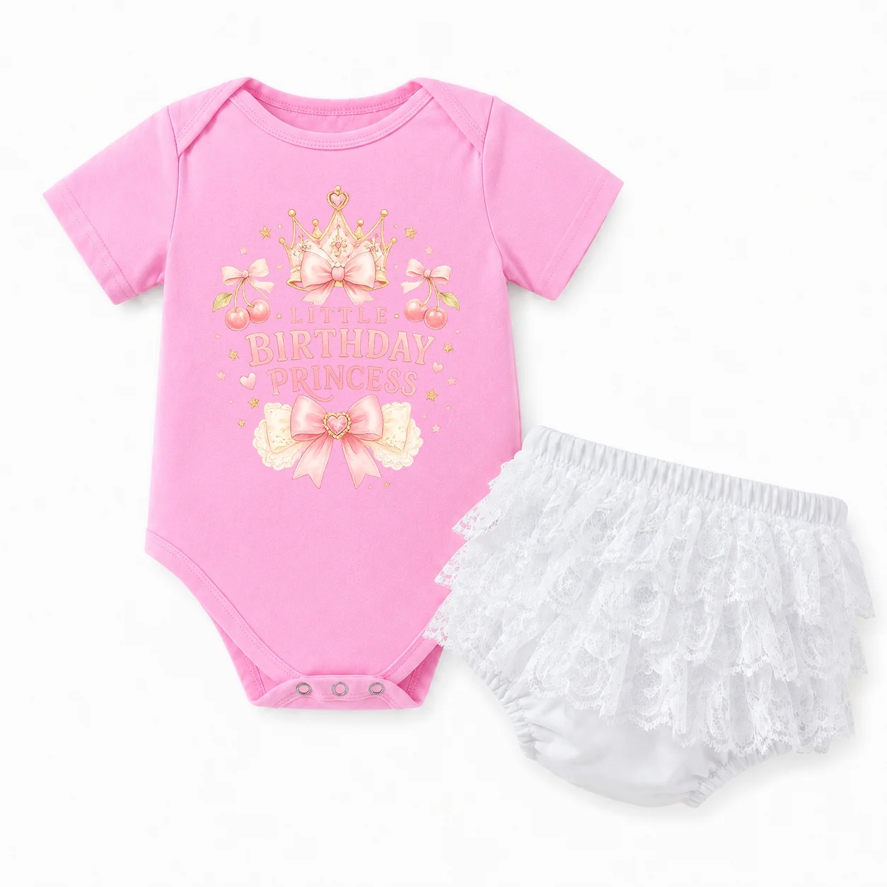 2Pcs Baby Girl Little Birthday Princess Outfit Short Sleeve Crown Print Romper White Lace Ruffle Tutu Skirt 1st Birthday Cake Sm