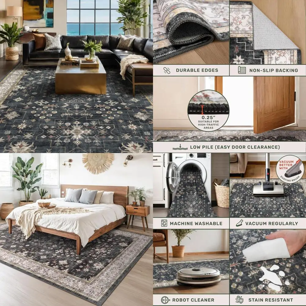 

Charcoal 8x10 Washable Rugs for Living, Dining, Bedroom, Kitchen, Office - Stain Resistant & Non-Slip