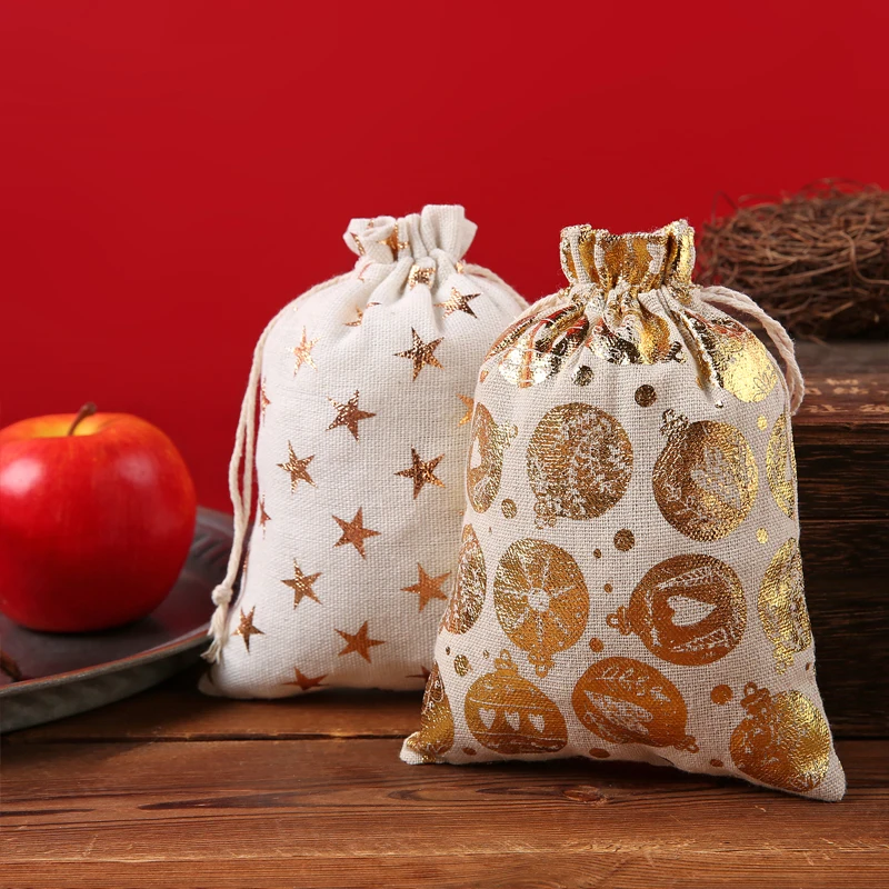 Custom Cotton Muslin Drawstring Bag Christmas Gift Bag 100pcs 10x14cm Linen Burlap Sacks Christmas Party Packing Candy Pouches