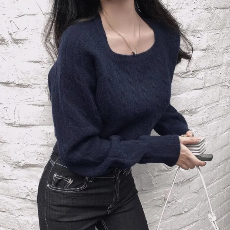 

Chic ort Knitted Sweater for Women Square Collar Soft Twist Pure Color Retro Sle Autumn Winter Versatile Slim Fit Long Sl...