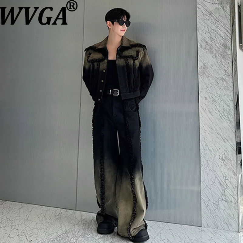 

WVGA Spring Autumn New Man Tide Heavy Frayed Washed Trendy Denim Jackets Niche Chic Casual Straight Pants Two Pieces Sets W13689