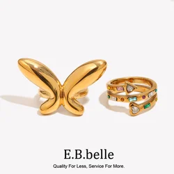 E.B.belle Smooth Butterfly Micro Inlaid Bow Love Side Punk Geometry Rivet Three layer Heart Arrow Zircon Stainless Steel Ring