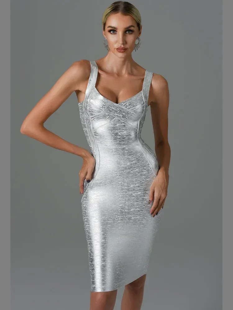 New Women Summer Style Sexy Sleeveless Backless Gold Silver Bronzing Midi Bodycon Bandage Dress 2022 Elegant Evening Party Dress