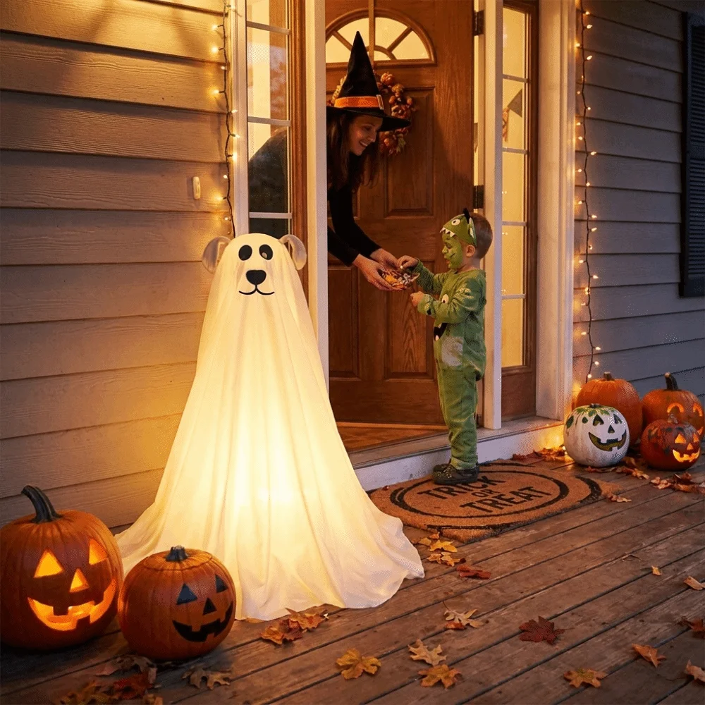 Remote Control LED Lights Ghost Dog Halloween Decor Soft LED Lights Weather Resistant Material Freestanding Ghost Dog Reusable