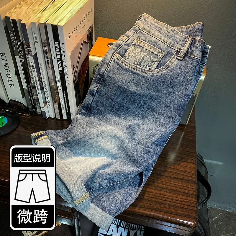 Calça curta jeans masculina de verão, fina e alta qualidade, calça curta reta estampada na moda, short azul casual, marca de moda, 2024 anual