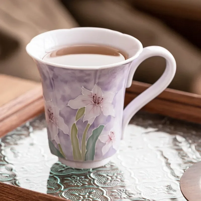 Premium Hand-Painted Purple Lily Ceramic Cup - Minimalist Espresso/Tea Mug with Saucer, European-Italian Aesthetic