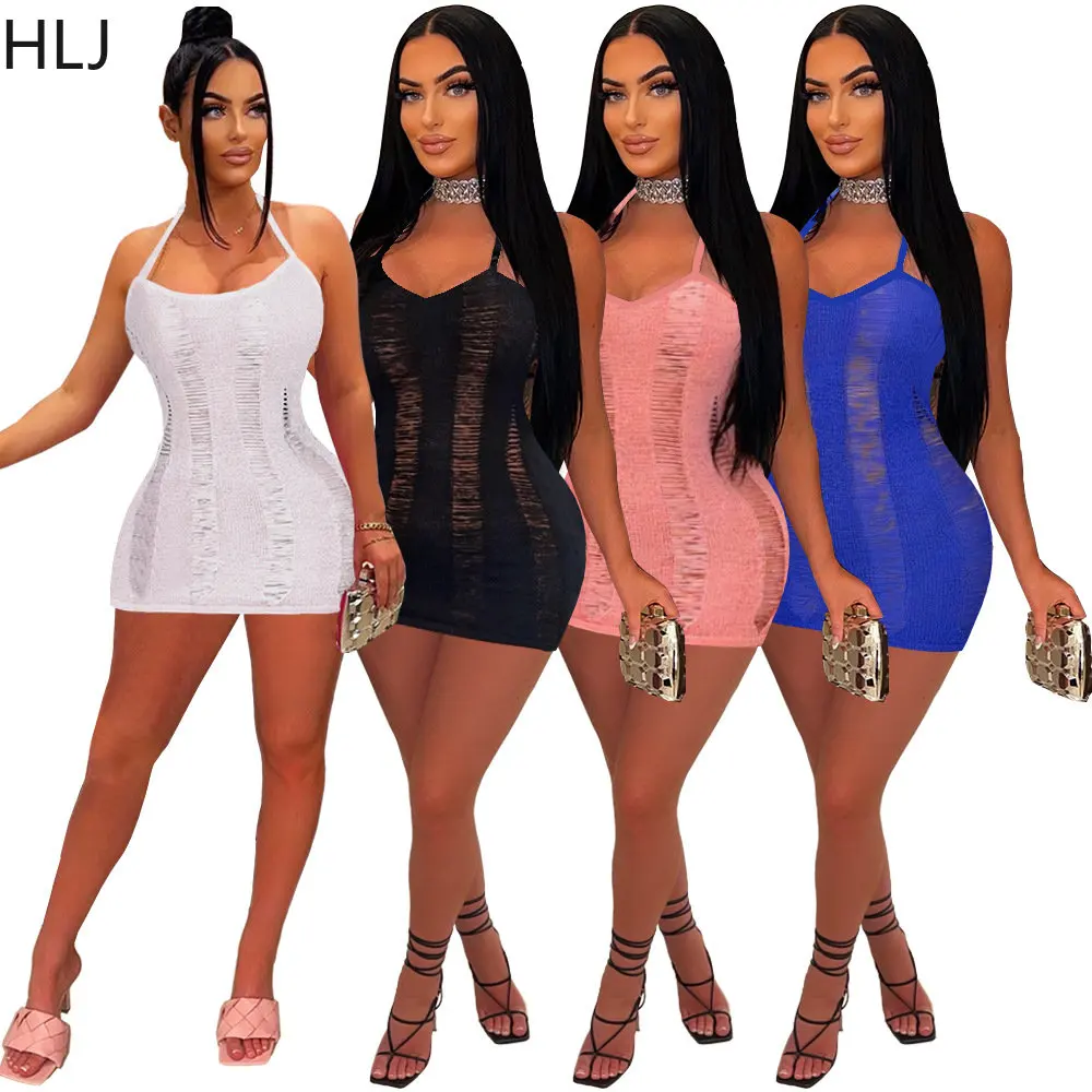 HLJ Sexy Hollow Backless Bandage Mini Dresses Women Thin Strap Sleeveless Slim Vestidos Summer Party Nightclub Suspended Dress