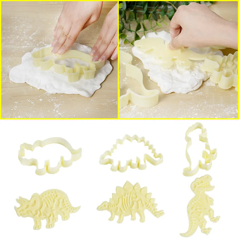 Cortador de galletas de dinosaurio 3D, molde de Fondant de postre en relieve, molde de plástico para hornear, accesorios para Pasteles de cumpleaños