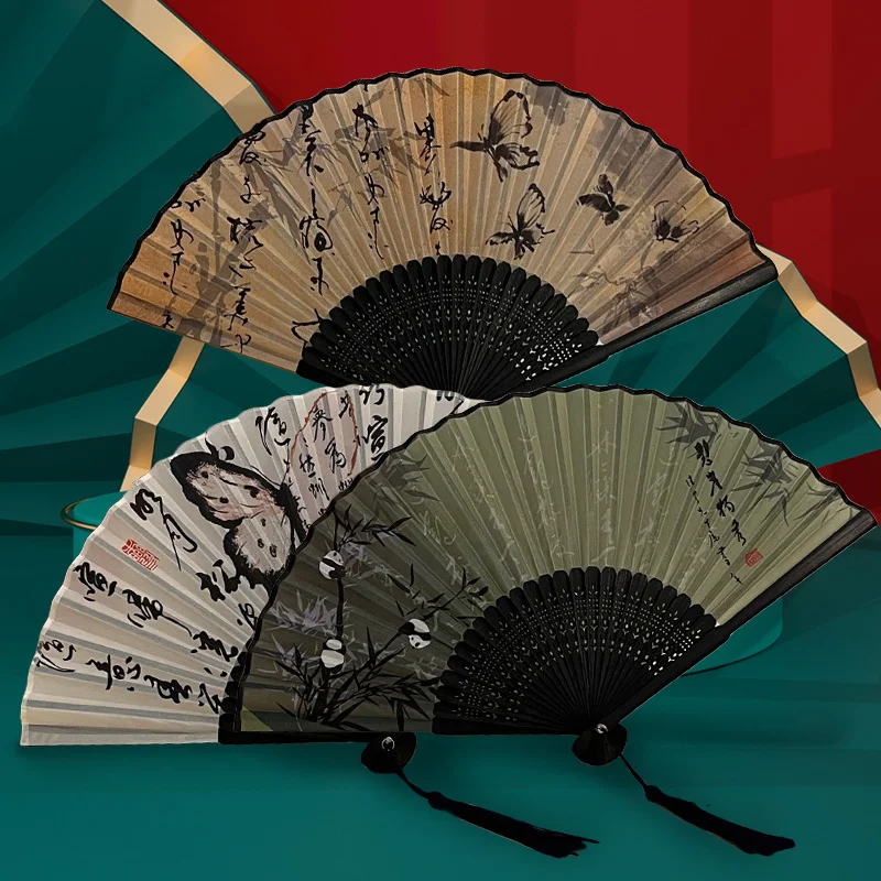 Chinese Style Ink Painting Folding Fan Summer Cooling Wood Handheld Fans Antique Printed Scenery Calligraphy Portable Dance Fan