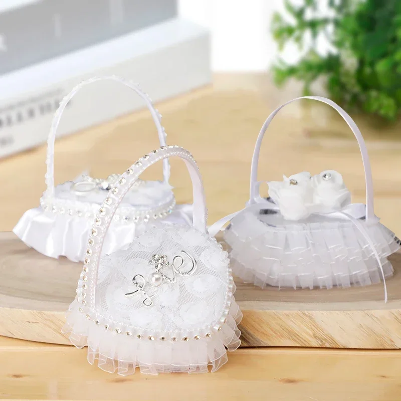 1PC Wedding Flower Girl Love Handheld Heart Shaped Ring Pillow Mini Lace Pearl Ring Box Wedding Ring Bracket