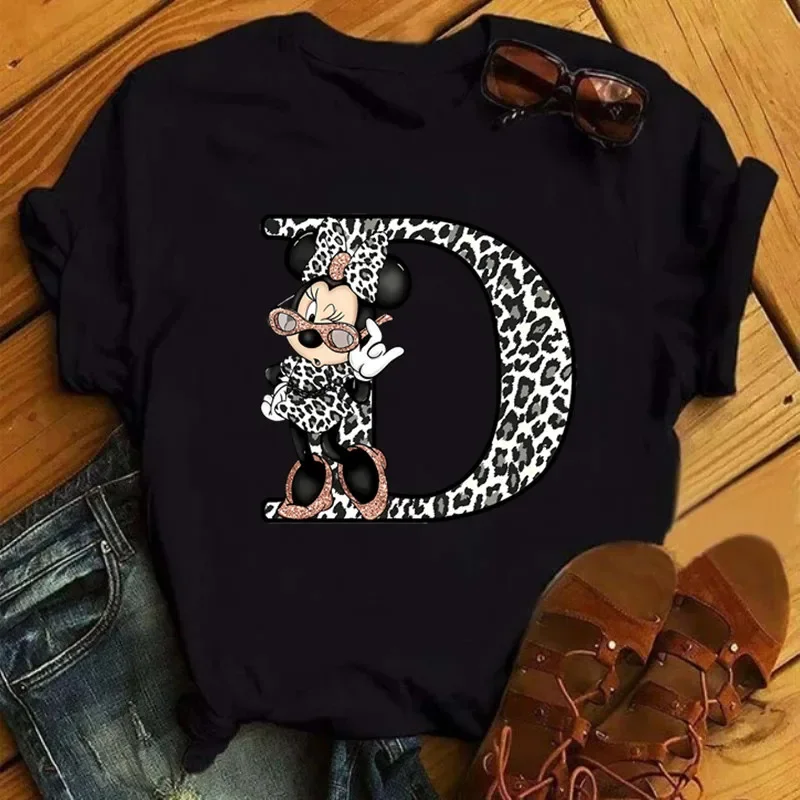 Disney Minnie Mouse A-Z Letters Children T-shirt Summer Short Sleeve Cotton Tshirt Boy Girl Clothing Fashion Top Casual Baby Tee