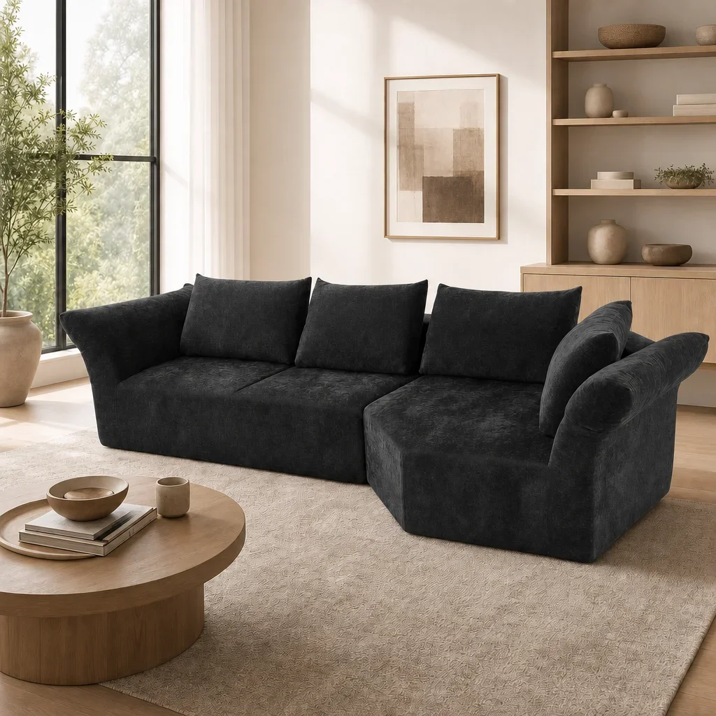 L Shaped Modular Corner Sofa Compressible Sectional Couch with Wide Armrests Removable Back Cushions Low Profile Integrated Base Easy Assembly for Living Room Home