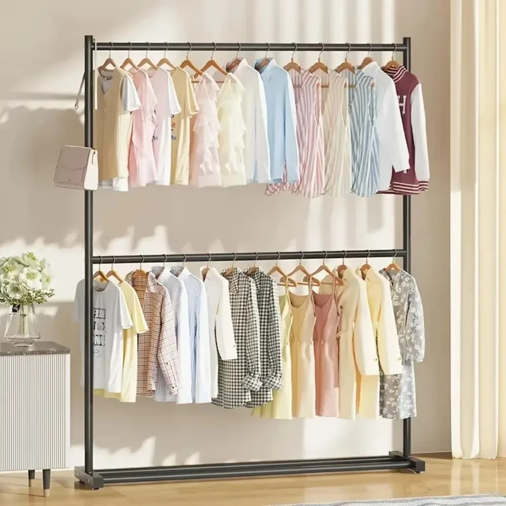 Double Layers Coat Rack Simple Rolling Floor Hanger Stand Space Saving Home Furniture Living Room Wardrobe Shoerack Clothe Rack