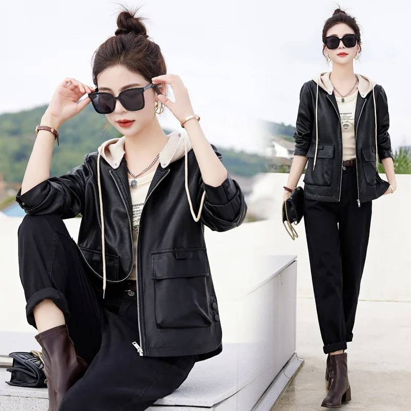 2024 new hooded casual leather jacket for women's sheepskin jacket, simple and slimming style short top