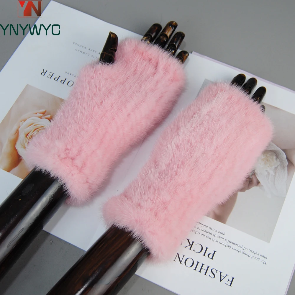 

2024 New Brand Style Top Quality Women's 100% Winter Warm Real Mink Fur Knitted Half Finger Gloves Girls Typing Mittens