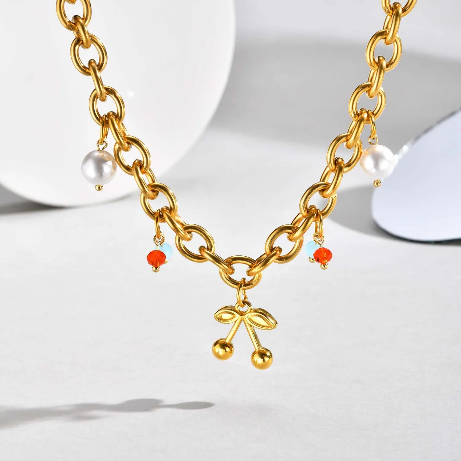 

316L Stainless Steel Cherry Necklace for Women, Gold Plated Fruit Pendant Choker, Adjustable Chain Valentine Party Daily