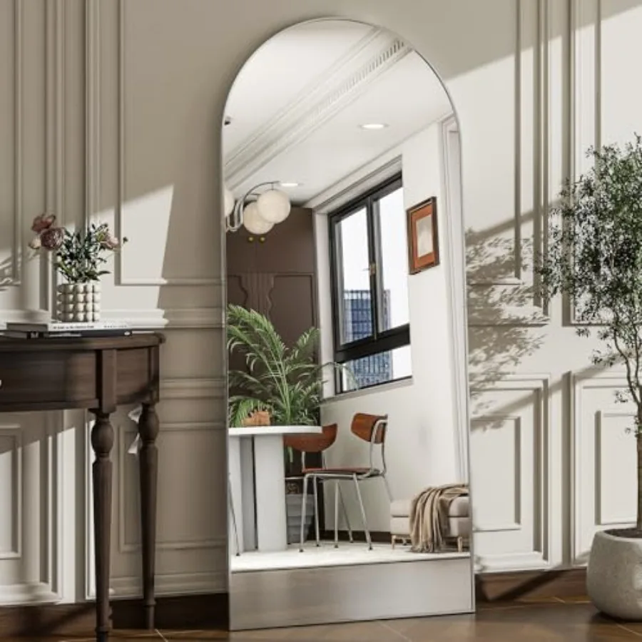

Bathroom, living room, bedroom, entryway use; aluminum alloy frame; silver; arched full-length mirror, wall-mounted or floor-st