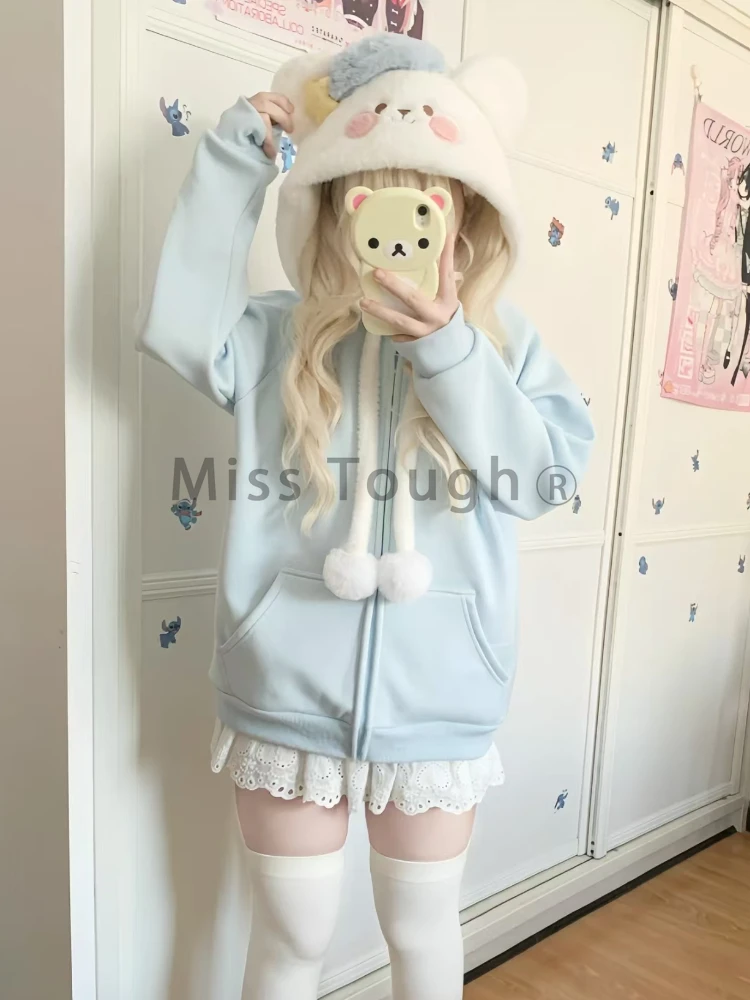 Autumn Winter Kawaii Loose Long Sleeve Coat Women Design Cute Embroidery Zipper Hoodie Female Japanese Sweet Blue Hooded Coat