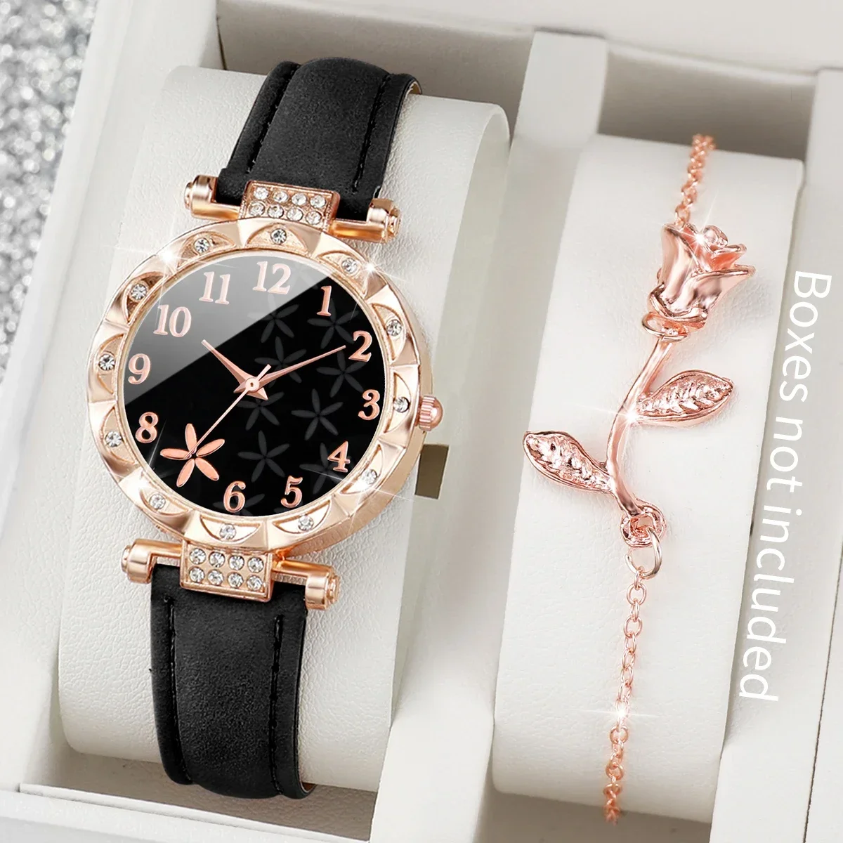 2 Pieces/Set Moda Flor Dial Women's Leather Analog Quartz Watch Rose Bracelet Set (Without Case)