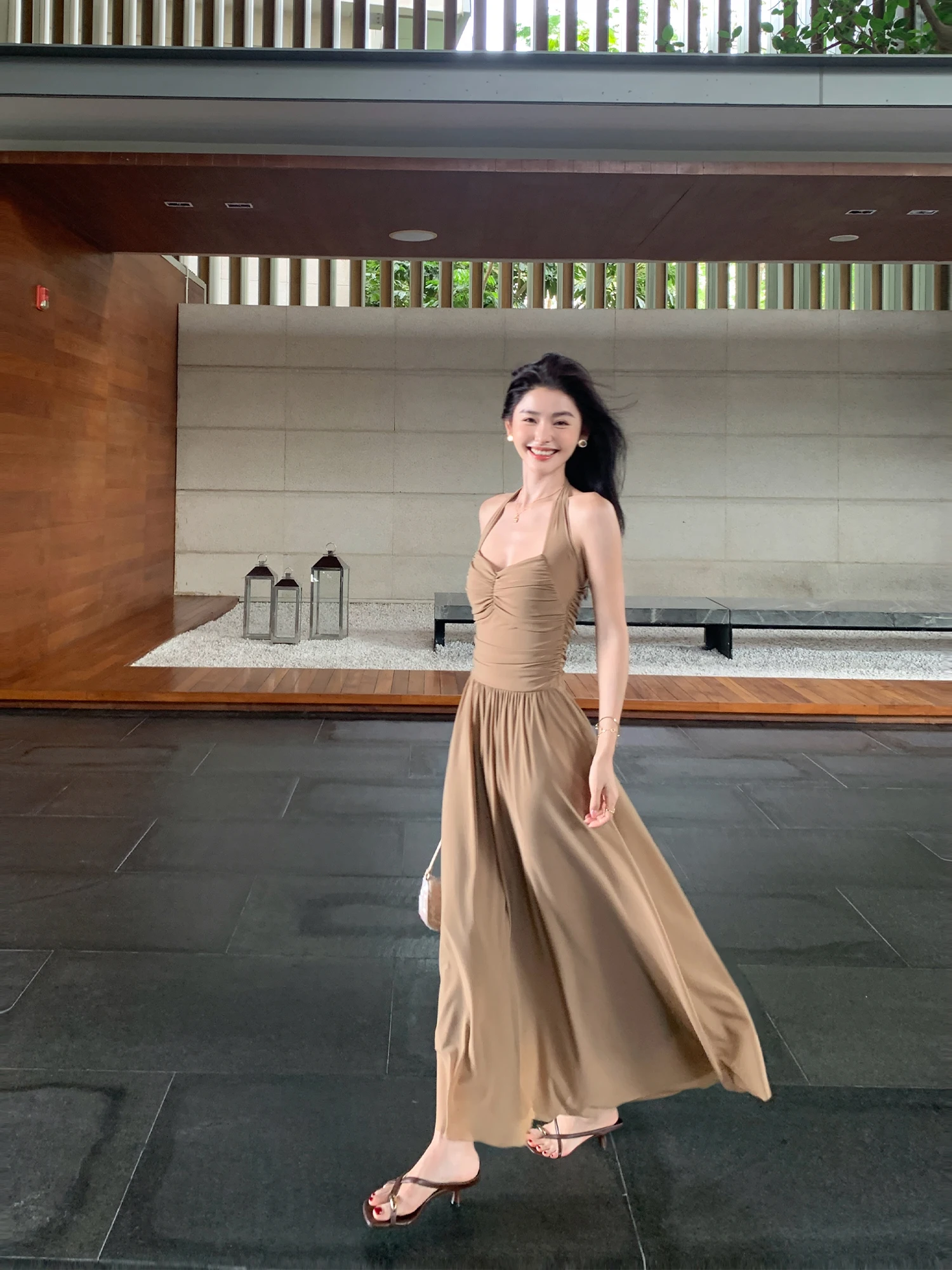 Pusumede Romantic Bookmarks Pure Desire Hanging Neck Dress Women's Waist-Cinching Sleeveless Sexy Backless Skirt Casual V-neck