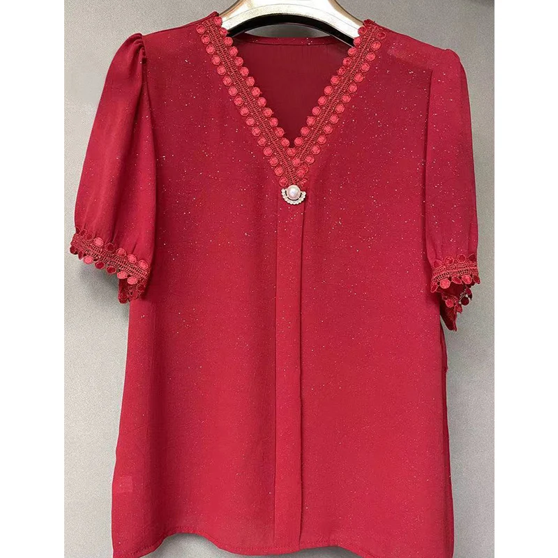 Summer Oversized Lace Patchwork Chiffon Blouse Ladies Solid Color Loose Casual Short Sleeve Top Women Fashion Temperament Shirt