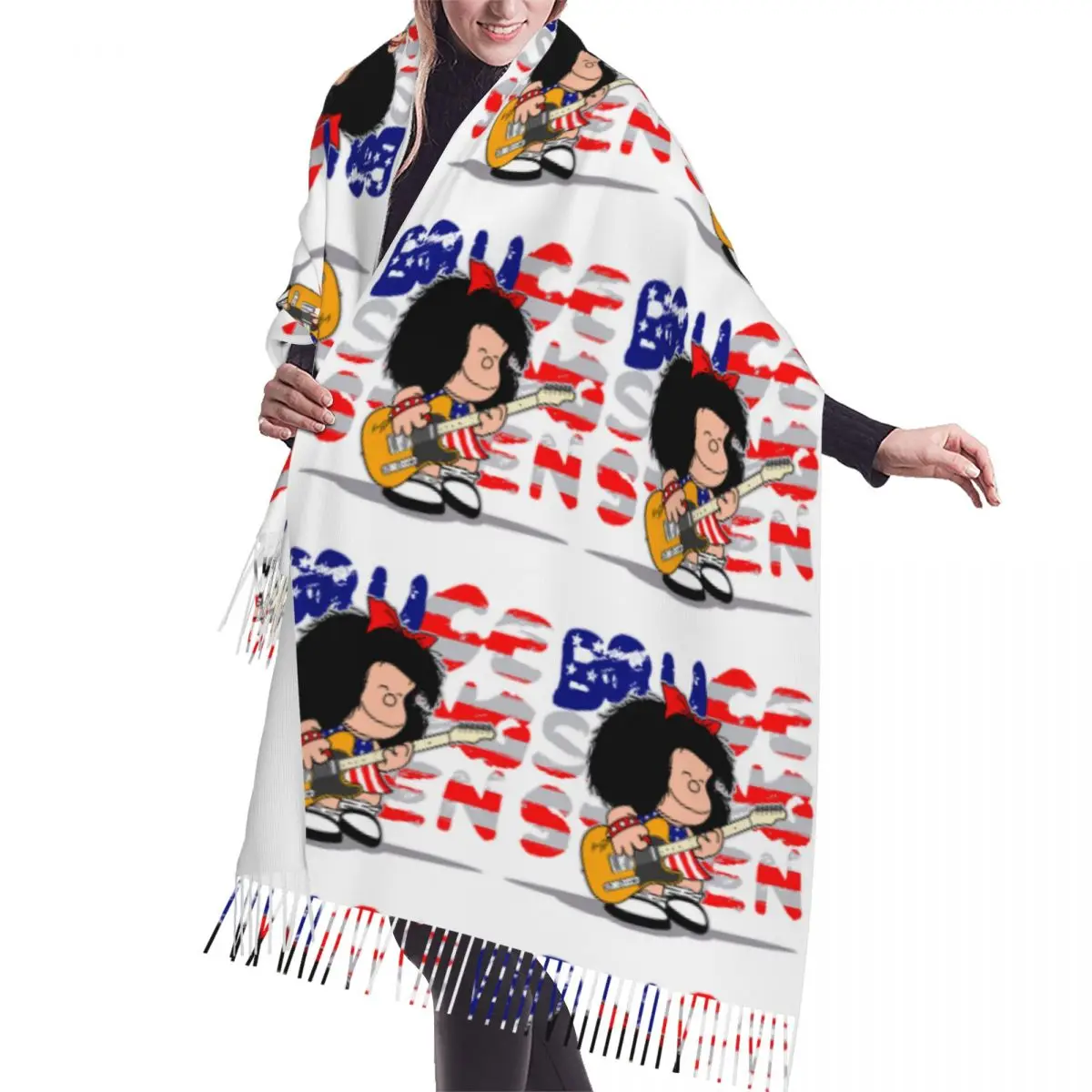 

Stylish Cartoon Musician Mafalda Tassel Scarf Women Winter Warm Shawls Wraps Lady Quino Comic Fashion Versatile Female Scarves