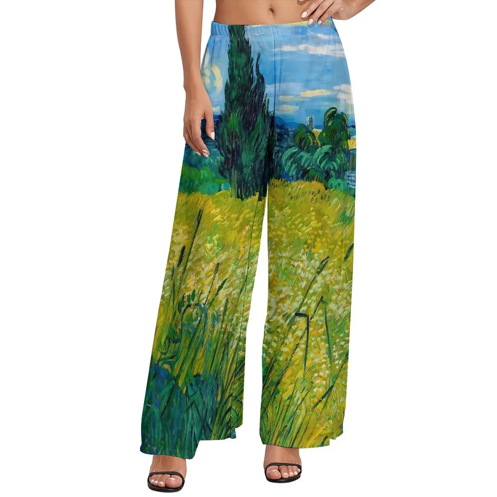 Van Gogh Pants Green Wheat Field Kawaii Wide Leg Pants Female Big Size Aesthetic Pattern Straight Trousers