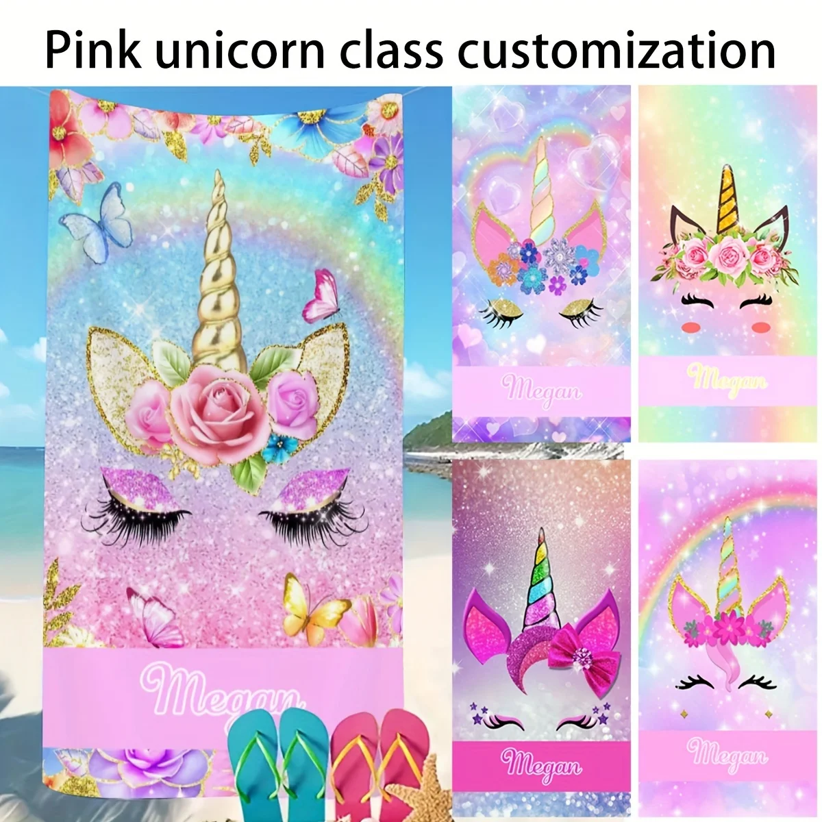 Custom Pink Unicorn Beach Towel Personalized Name Megan Floral Microfiber Bath Towels Soft Quick Dry Pool Accessories Gift