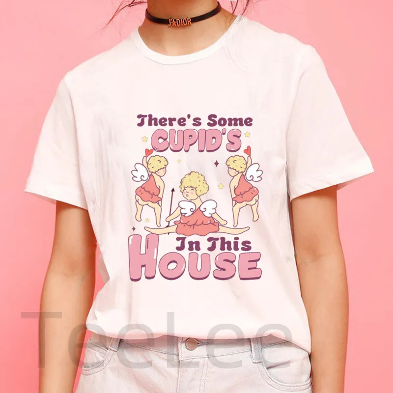 Cute Pink Cupid T Shirt Women Printed Love Day Valentine's Tee Short Sleeve Funny Tshirt White New Summer Tshirt Female Tops