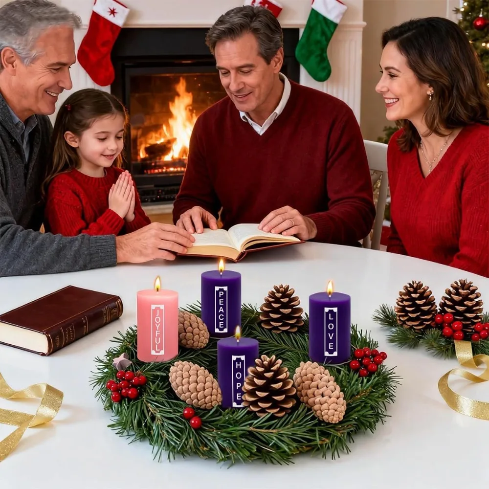2×3 Inch Advent Pillar Candles with Words, Purple & Pink, for Advent Wreath & Christmas Decor, Long-Lasting Dripless view 3