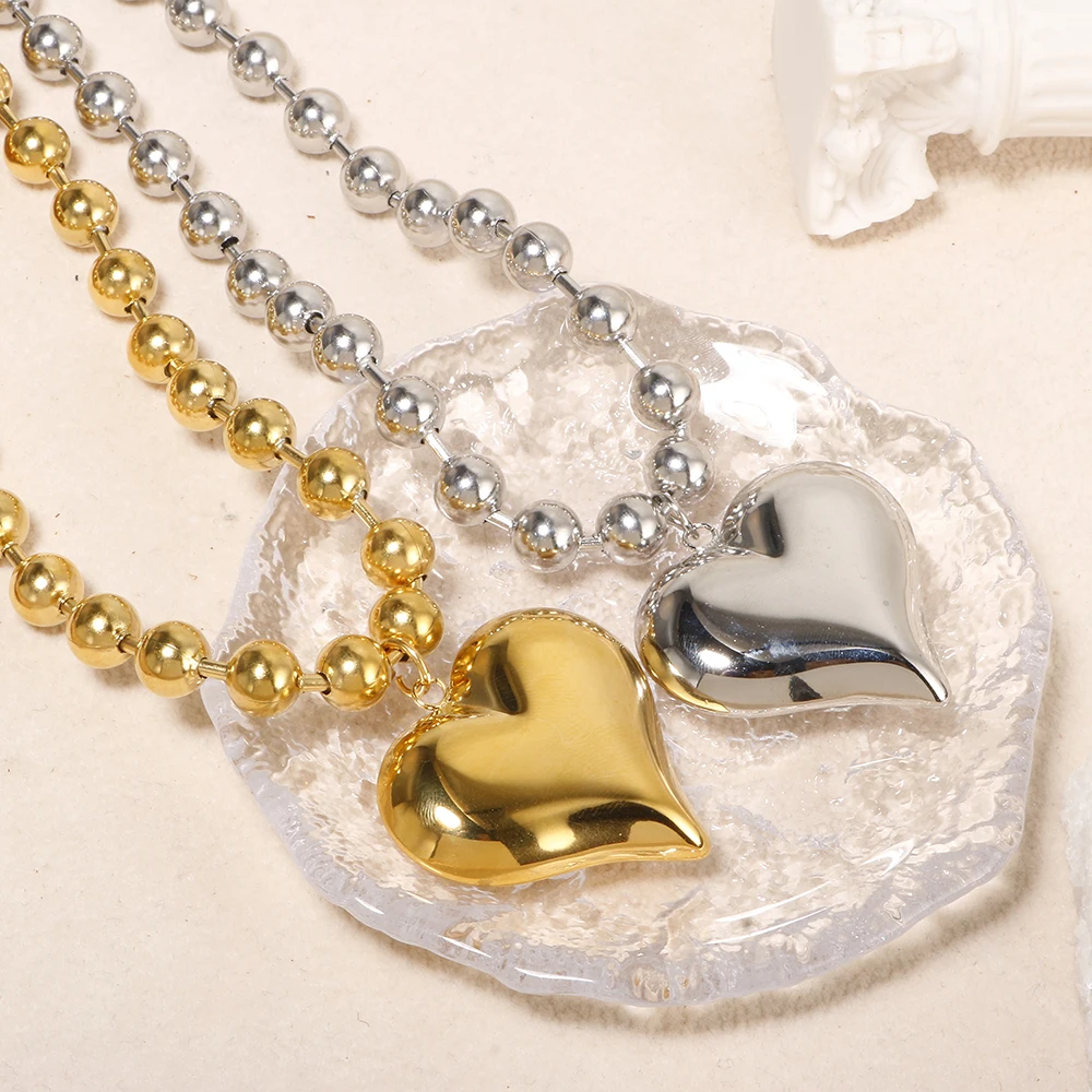 Punk Heavy Industry Thick Beaded Chain Big Peach Heart Hollow Pendant Charm Choker for Women Non Fading Stainless Steel Jewelry