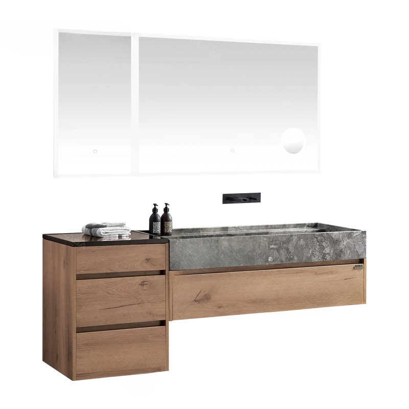 Modern hotel home bathroom vanity cabinet gray natural marble wash basin oak wood bathroom vanity with make up grid side cabinet