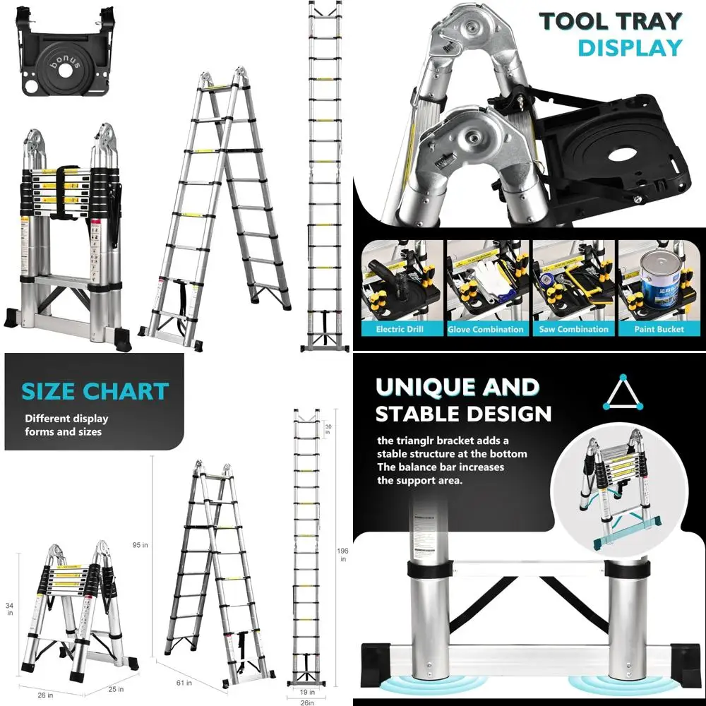 سلم تصغير مدمج من الألومنيوم بطول 16.5 قدم مع منصة أدوات وقضيب تثبيت، تصميم محمول على شكل حرف A للأماكن الخارجية