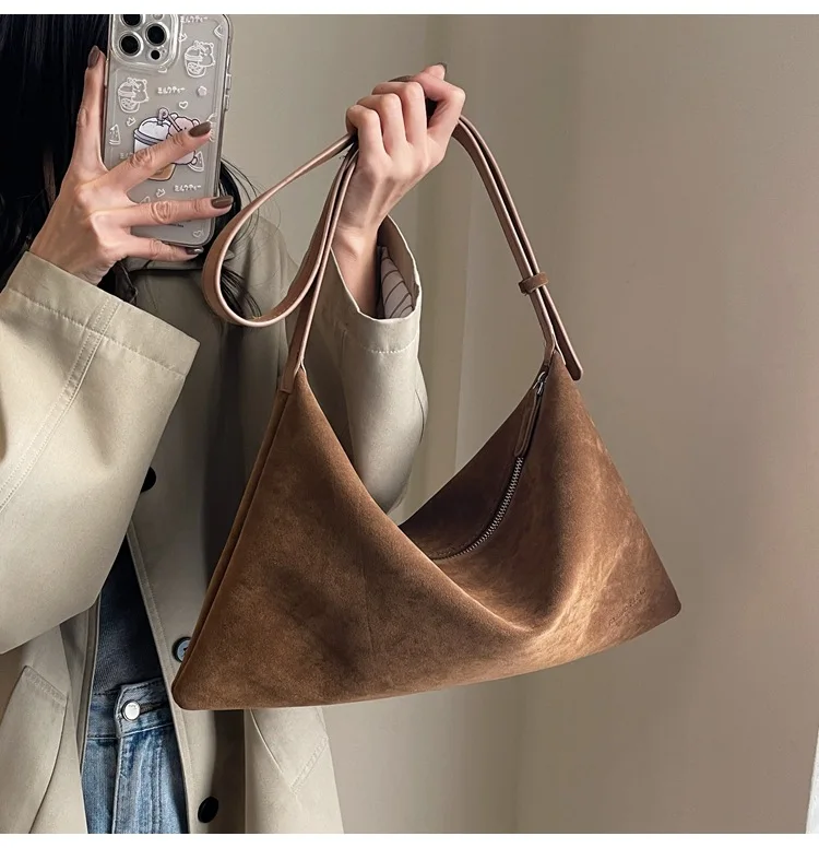 Vintage Suede Tote Bag For Women Autumn Winter New Large Capacity Commute Shoulder Crossbody Bags Fashion Trend Underarm Bags