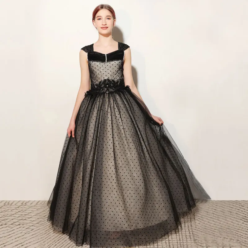 Meisjes vierkante hals gevlekte mesh parel kralen tienerjurk prinsessenjurk festivaljurk trouwjurk/aangepast
