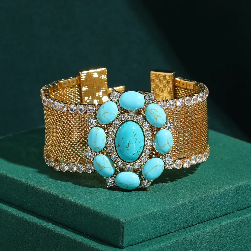 

Antique Gold Plated Watch Strip Charm Turquoise Bangle Vintage Oval Natural Stone Bracelet Jewelry Luxury Ladies 2026 Banquet