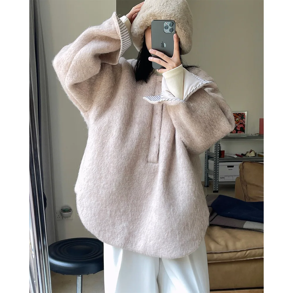 

Winter new Korean version casual lazy long hair mohair wool coat warm silhouette solid wear woolen coat women