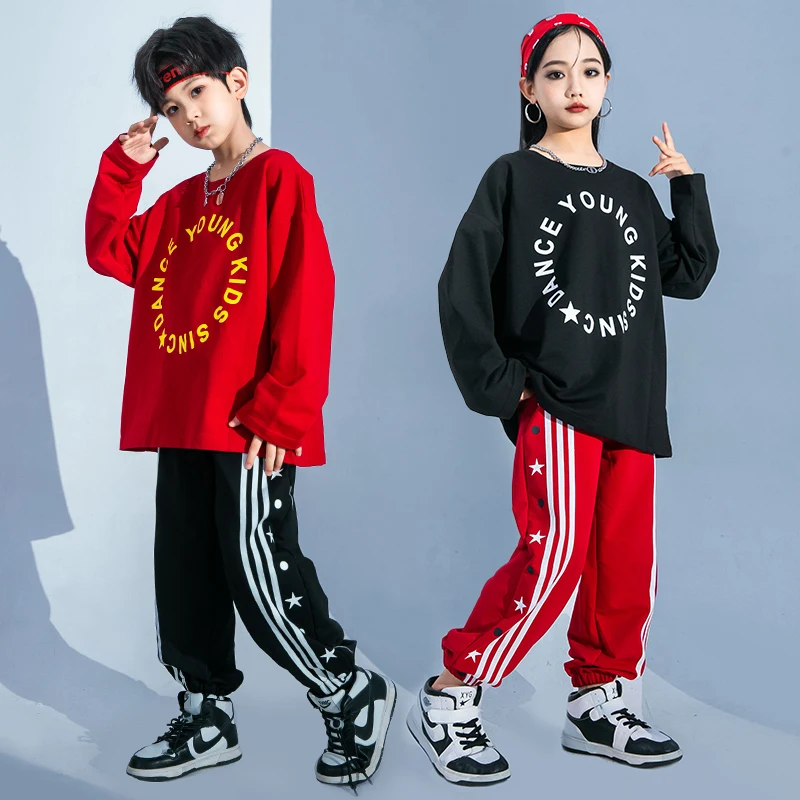 Hip Hop Girls Black Sweatshirt Boys Red Shirt Street Dance Pants Joggers Child Jazz Denim Pants Outfits Kids Cheerleader Clothes