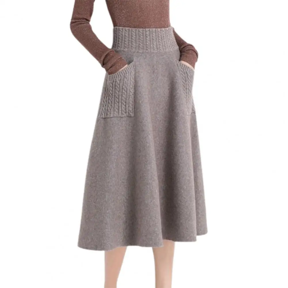 

Fall Winter Women Skirt Knitted Elastic High Waist Thick Stretchy Loose Big Swing A-line Pocke Commuting Midi Skirt